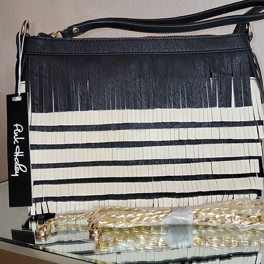 Black/Tan Fringe Vegan Leathe Clutch/Crossbody Bag - Picture 8 of 15